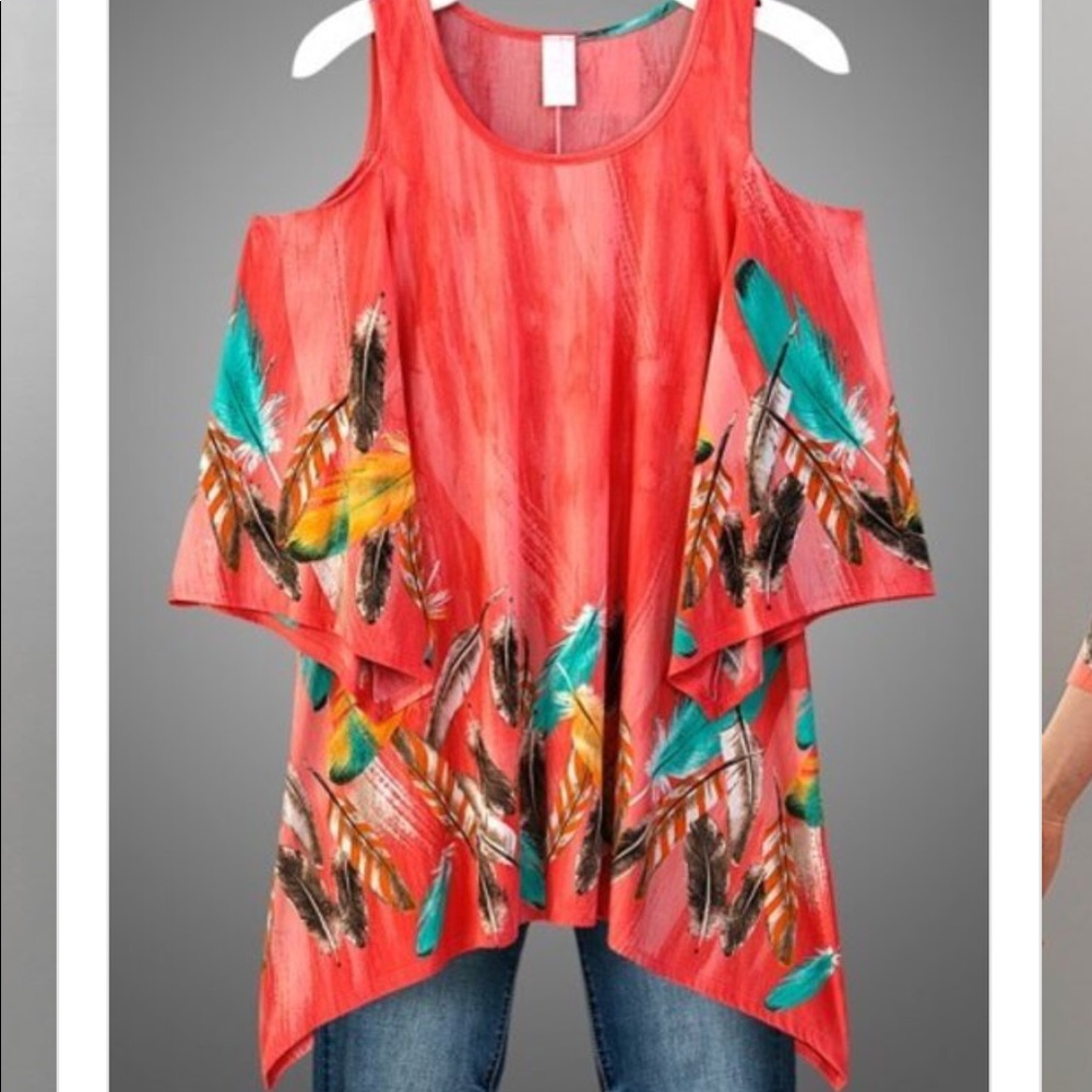 LAST 1❤️ Coral Cold Shoulder Feather Print Top - Picture 3 of 3